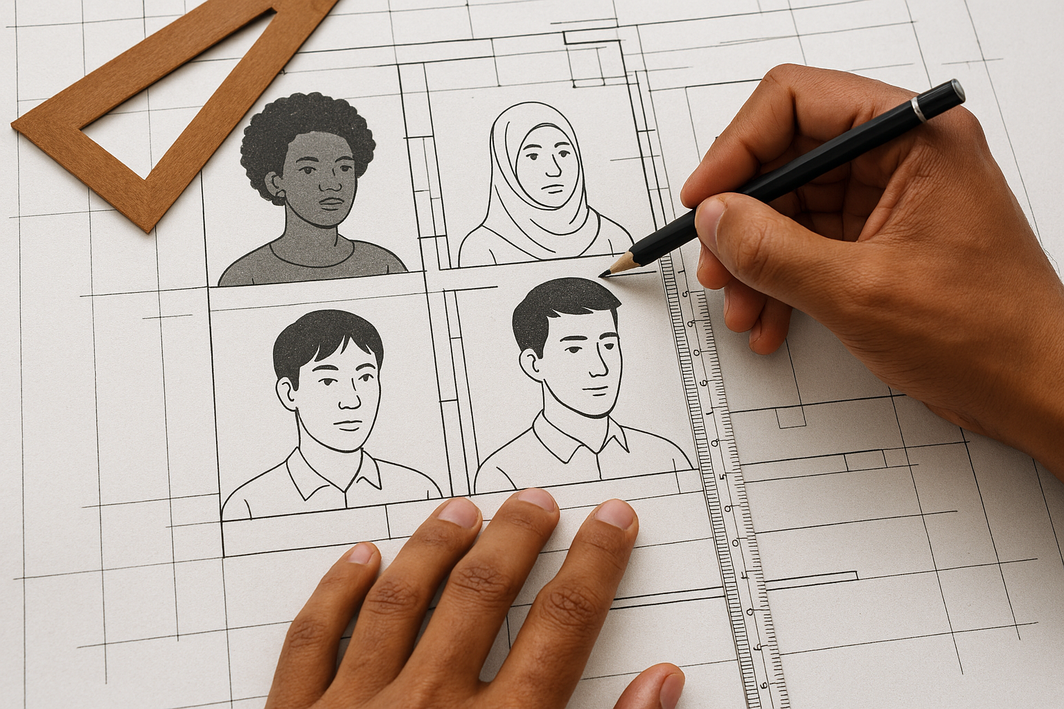 Bias-designing Architect sketching a blueprint; within the floor plan are inclusive human silhouettes and portraits representing diverse sexes and racial characteristics.