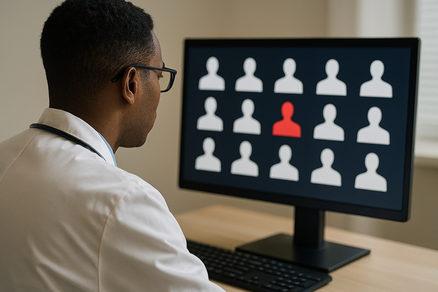 Dr Bias Doctor looking a computer system with bias included