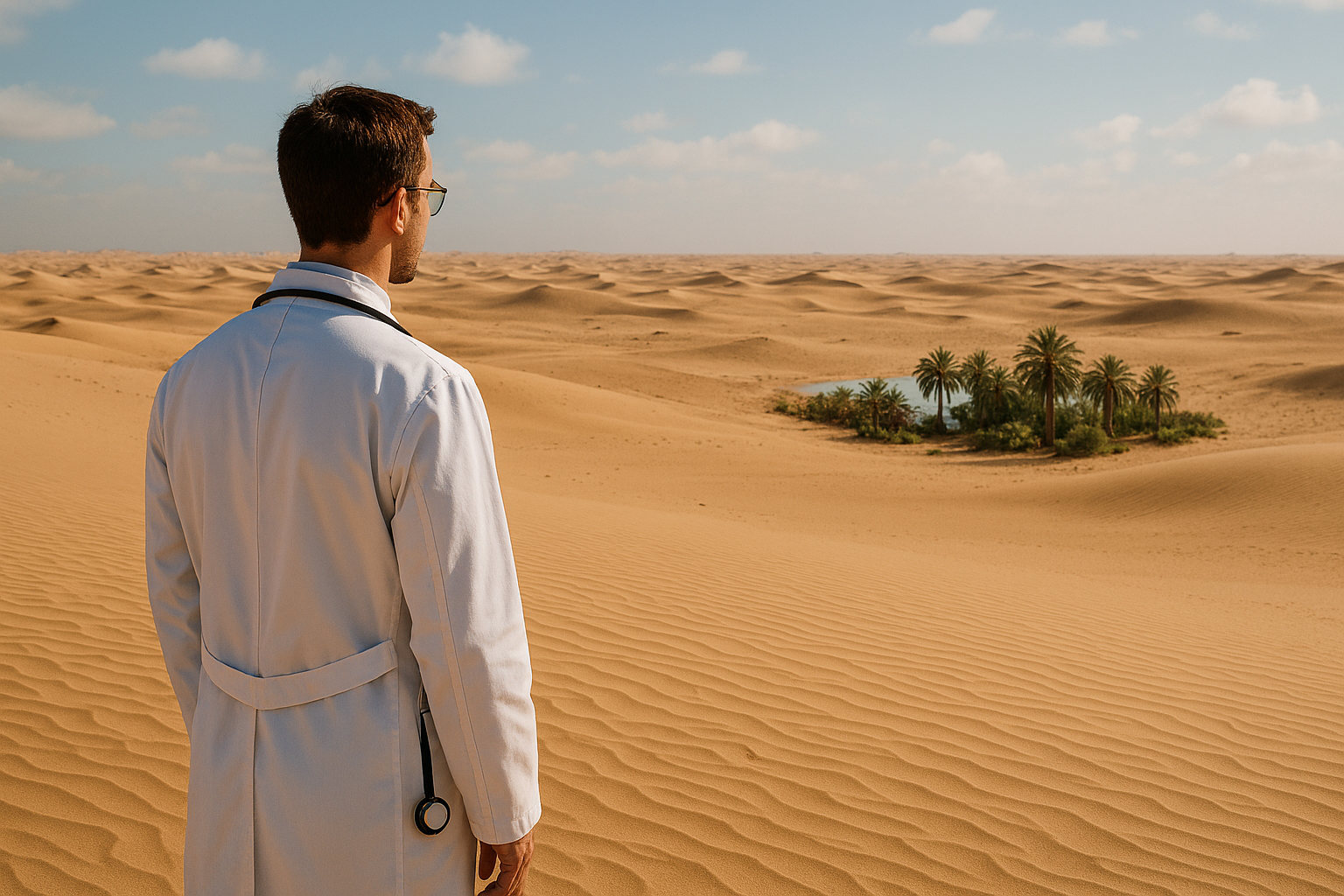 Illusion Doctor in the desert staring an Oasis